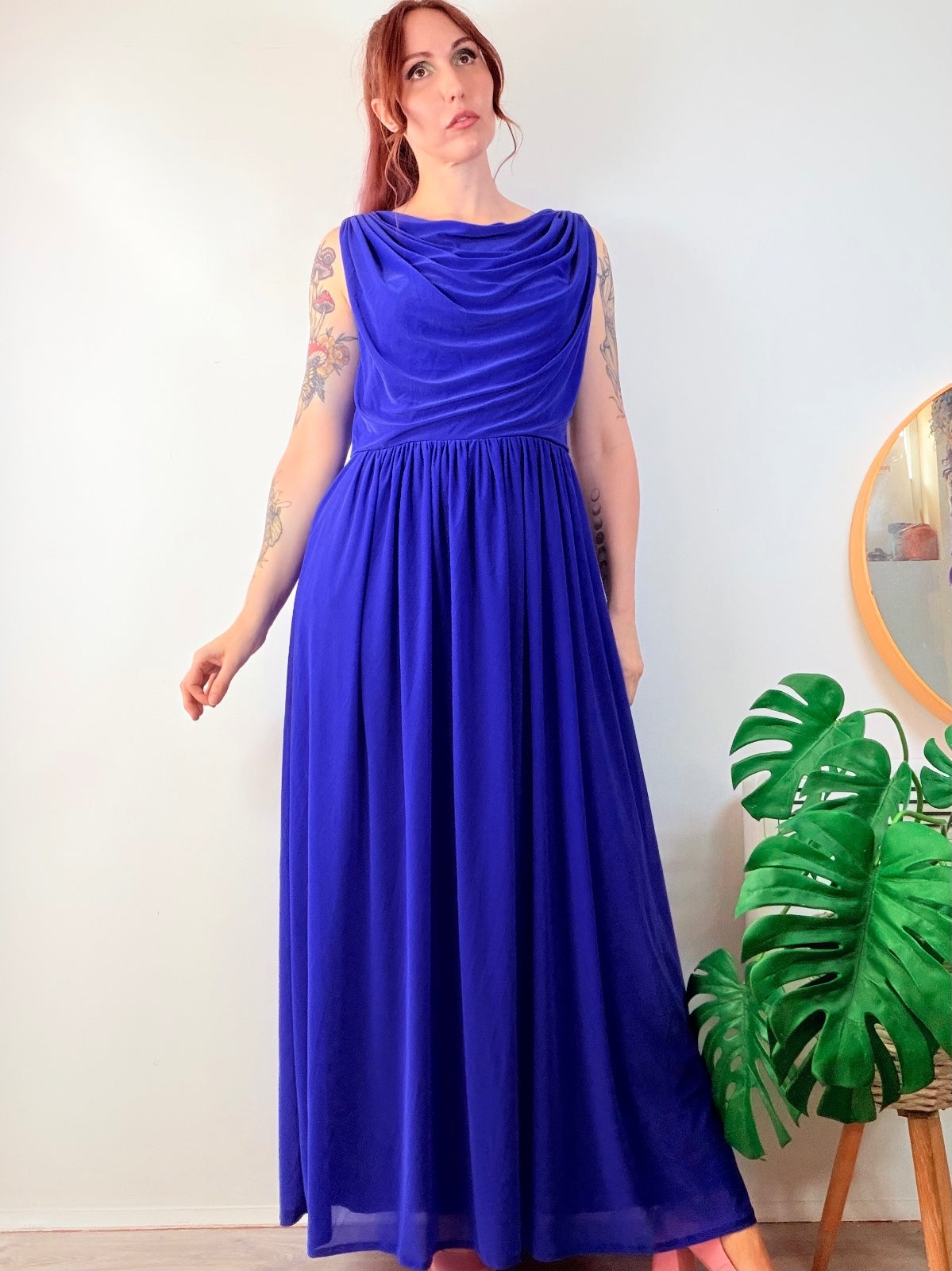 Vintage 1980s cocktail Dress Blue Maxi Party Gown with Draped Neckline Size 14