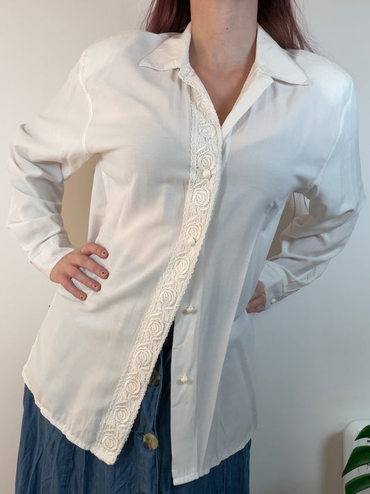 Vintage 1980s Cottagecore Top Cream Long Sleeve Blouse with Floral Lace Size 14