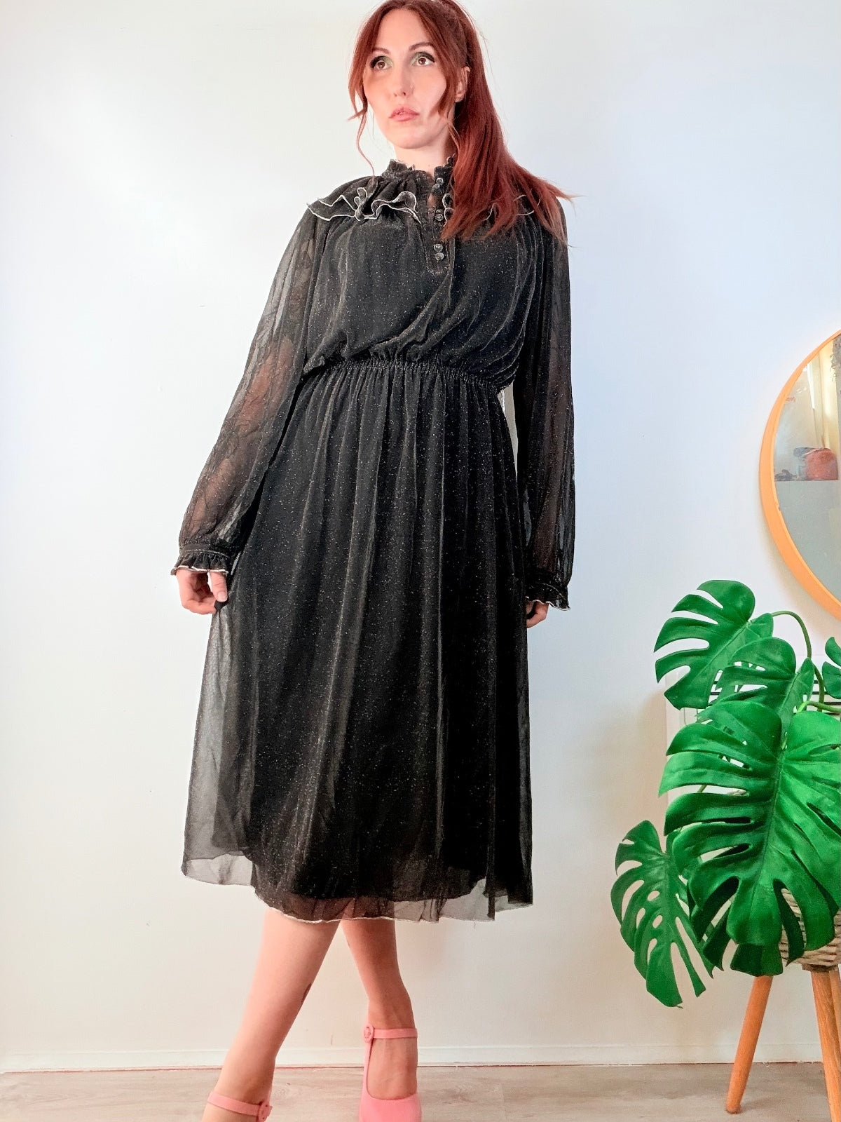 Vintage 1980s Party Dress Black Sheer Ruffle Midi Dress with Sparkle Size 12