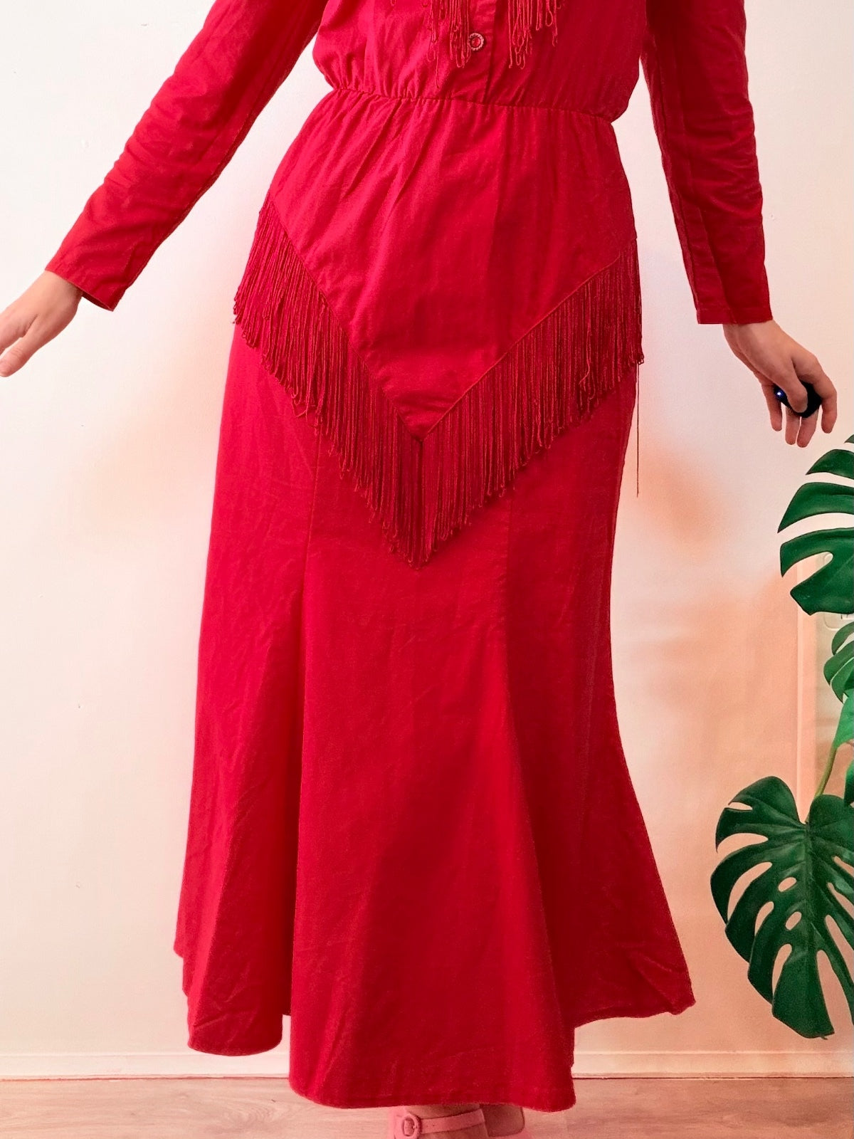 Vintage 1980s Tassel Dress Red Western Fringe Peplum Cotton long sleeve Size 12