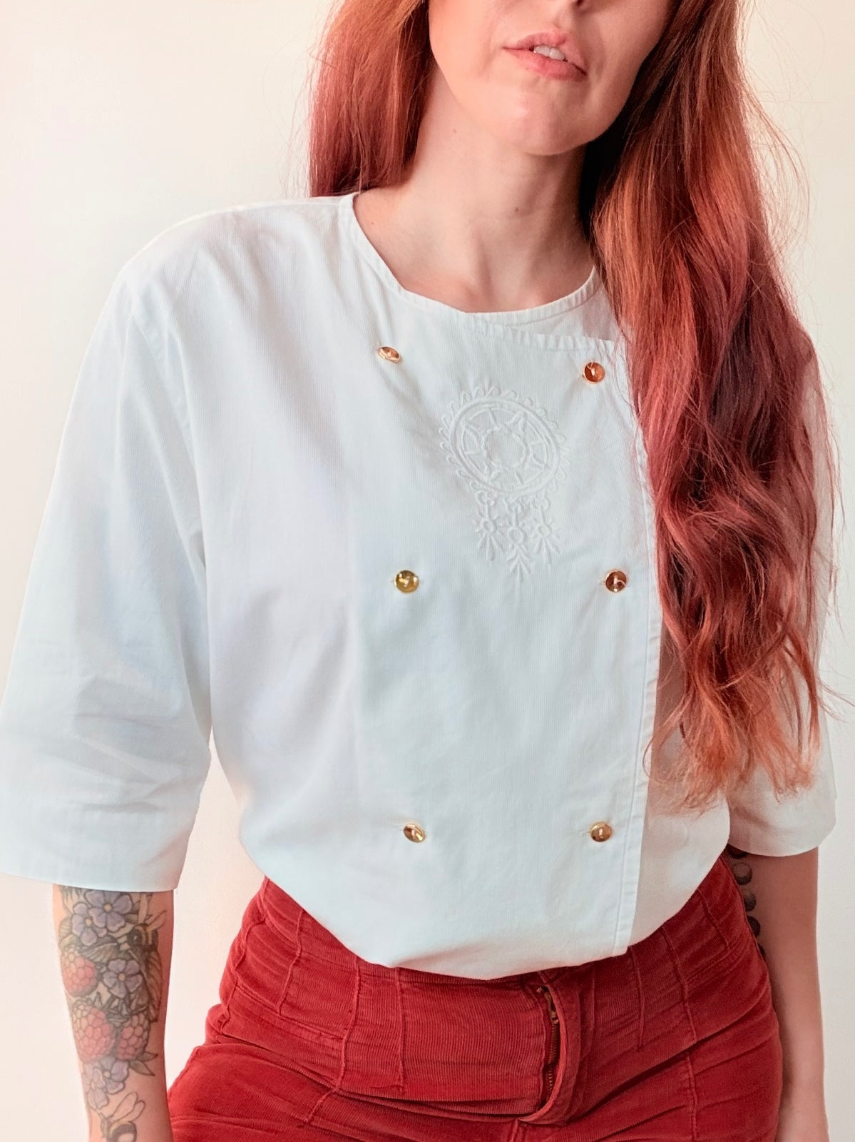 Vintage 1990s Cotton Shirt White Embroidered Detail Size 12