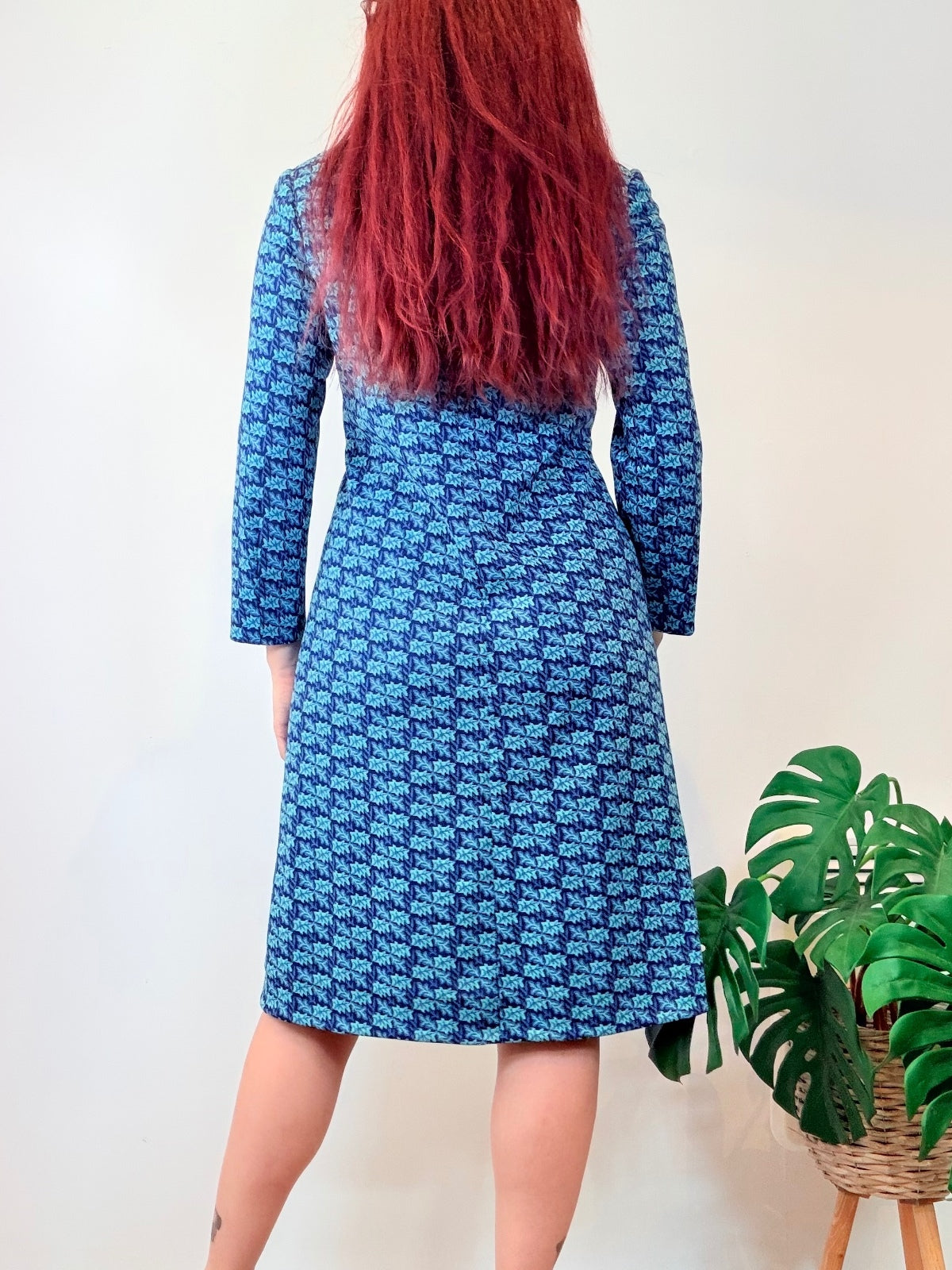 Vintage 1960s Shirt Dress Blue Patterned Long Sleeve Dress Size 16