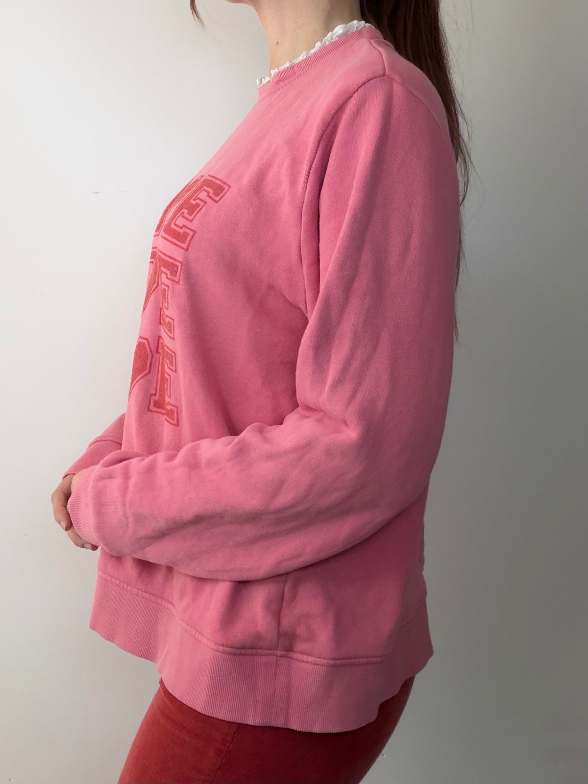Pink LOVE Heart Jumper By Next Frilly Cotton Graphic Sweatshirt Size L 14 to 16