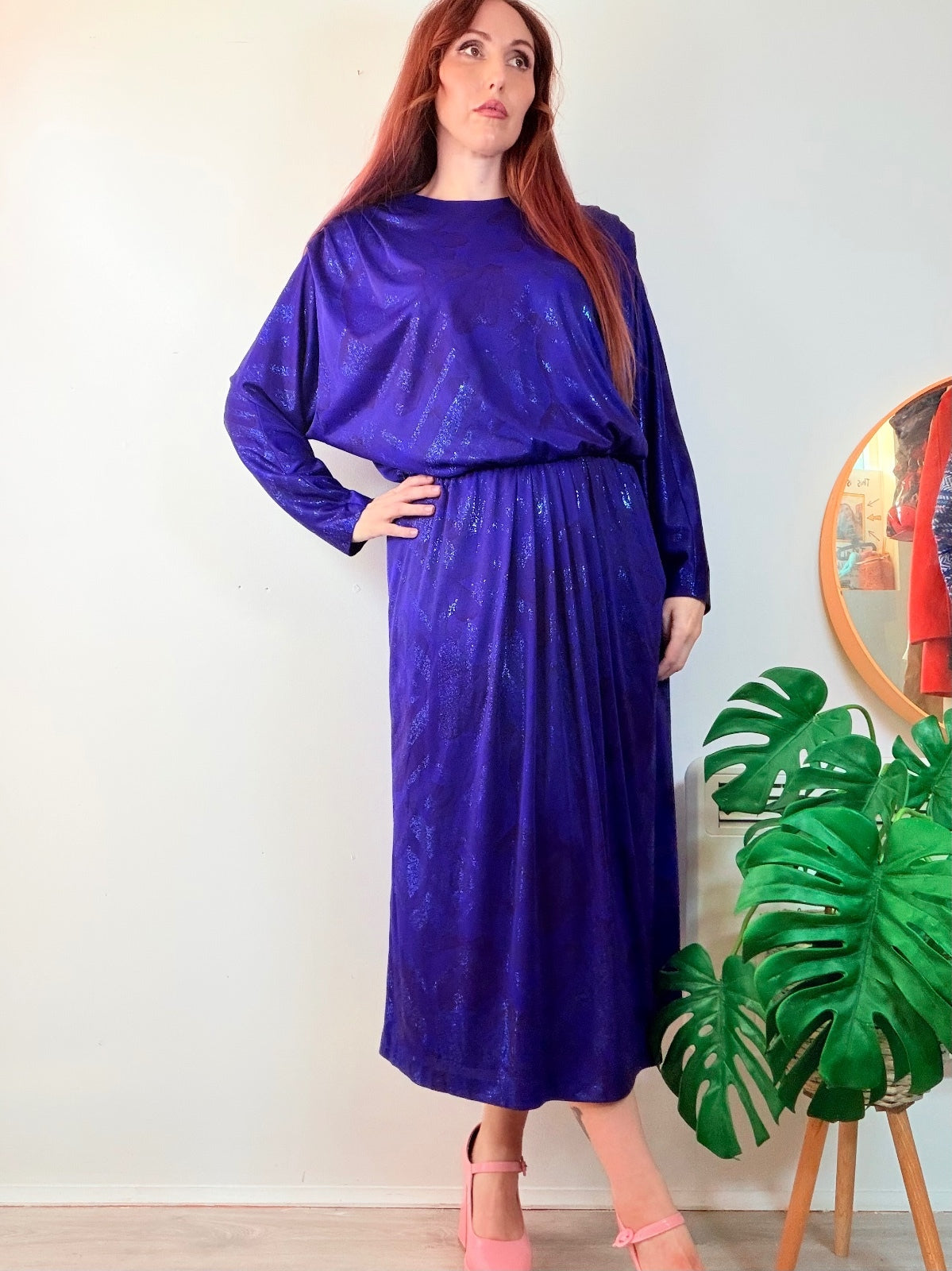 Vintage 1980s Party Dress Sparkly Purple Midi Dress with Batwing Sleeves Size 16