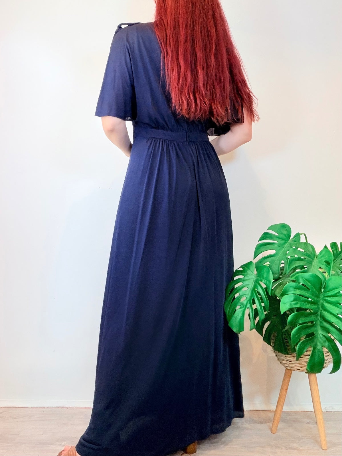 Vintage 1970s Maxi Dress long Blue with Flowing Flared Cape Sleeves Size 14