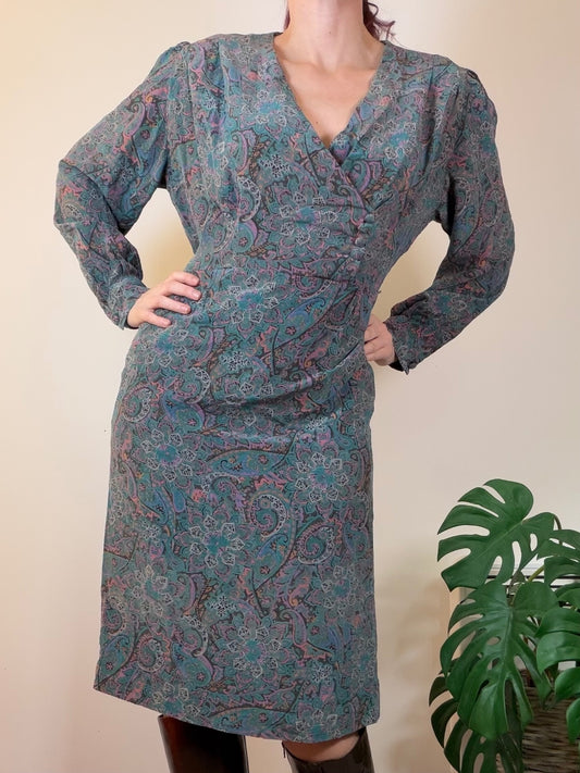 Vintage 1980s Day Dress Long Sleeve Floral Midi with Puff Shoulders Size 18
