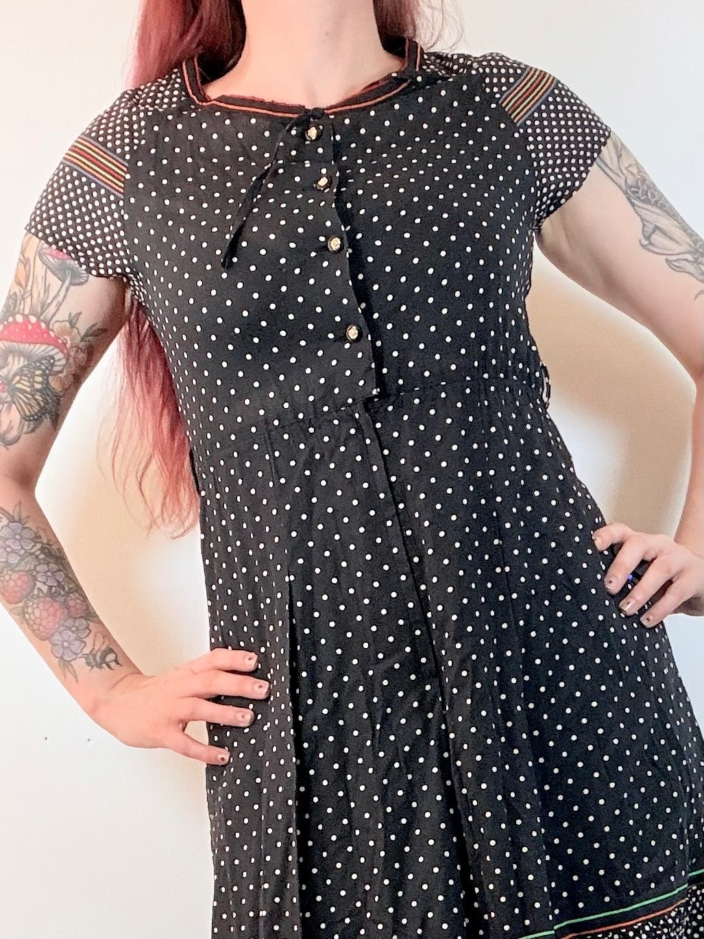 Vintage 1970s shirt Dress Black Polka Dot Midi Dress with Button Detail Size 10