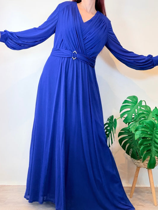 Vintage 1980s Maxi Dress with Belted Waist and Long Sleeves Size 18