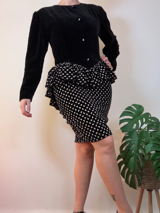 Vintage 1980s Cocktail Dress Black Velvet Peplum Dress with Ditsy Print Size 12