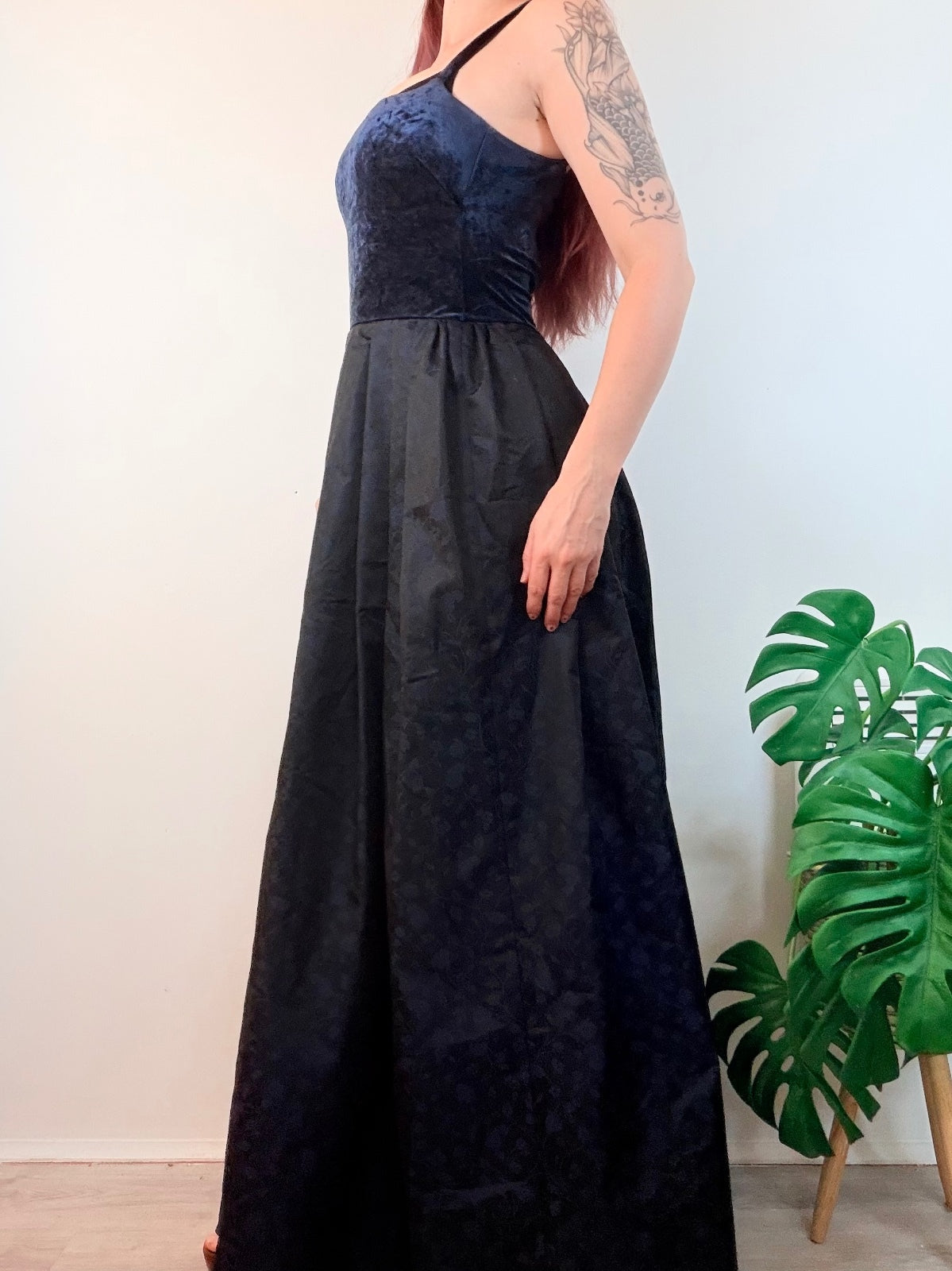 Vintage 1990s Cocktail Dress Velvet and Jacquard Maxi with Pleated Skirt Size 12