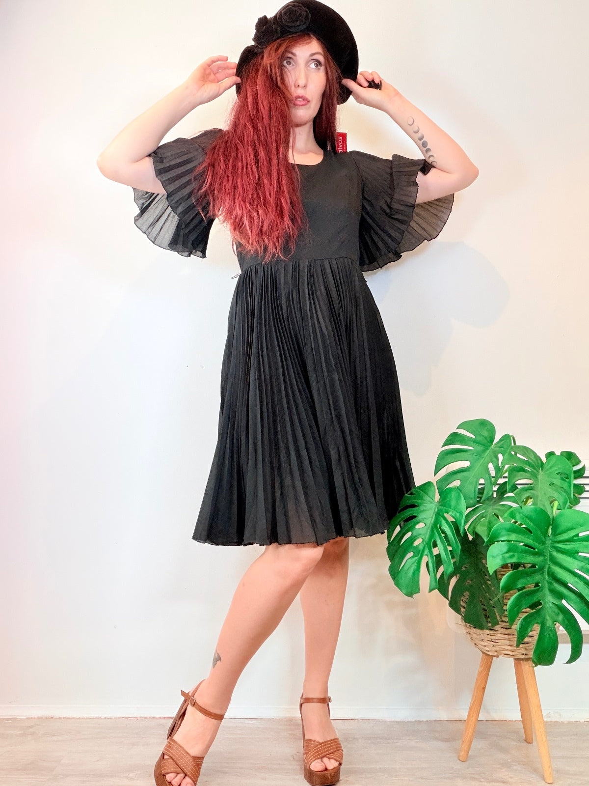 Vintage Day Dress Black Pleated Midi Dress with Flared Sleeves Size 12