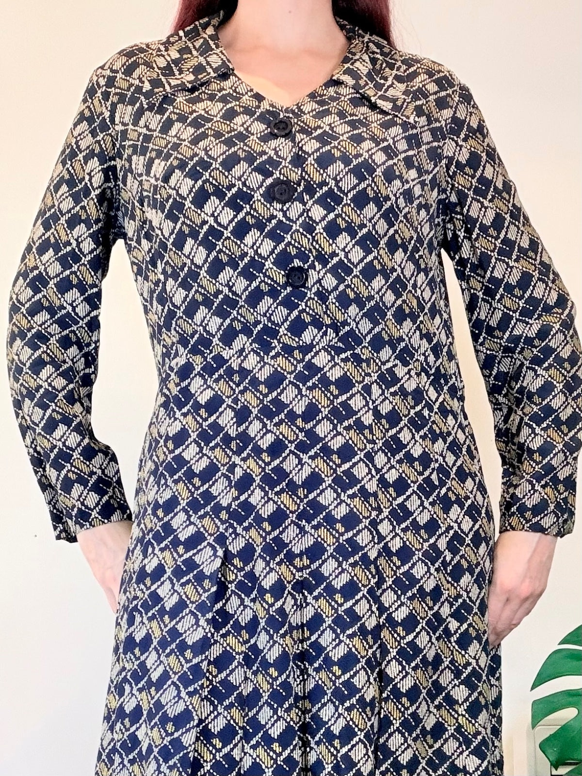 Vintage 1970s Shirt Dress Navy and Beige Patterned Long Sleeve Dress Size 16