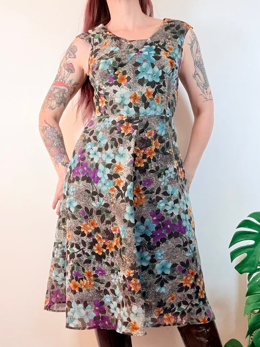 Vintage 1970s Summer Dress Floral Sleeveless Midi Dress Size 10
