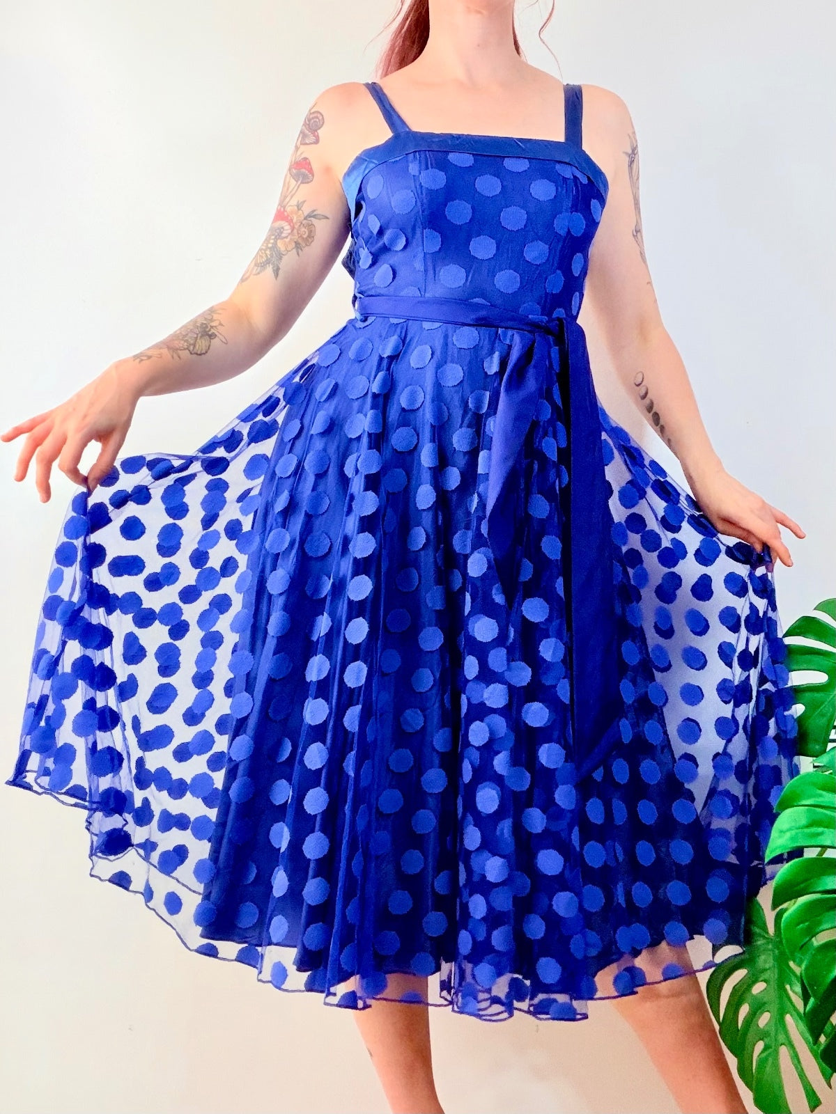 Vintage 1980s Party Dress 1950s Style Blue Polka Dot Rockabilly Size 6 to 8