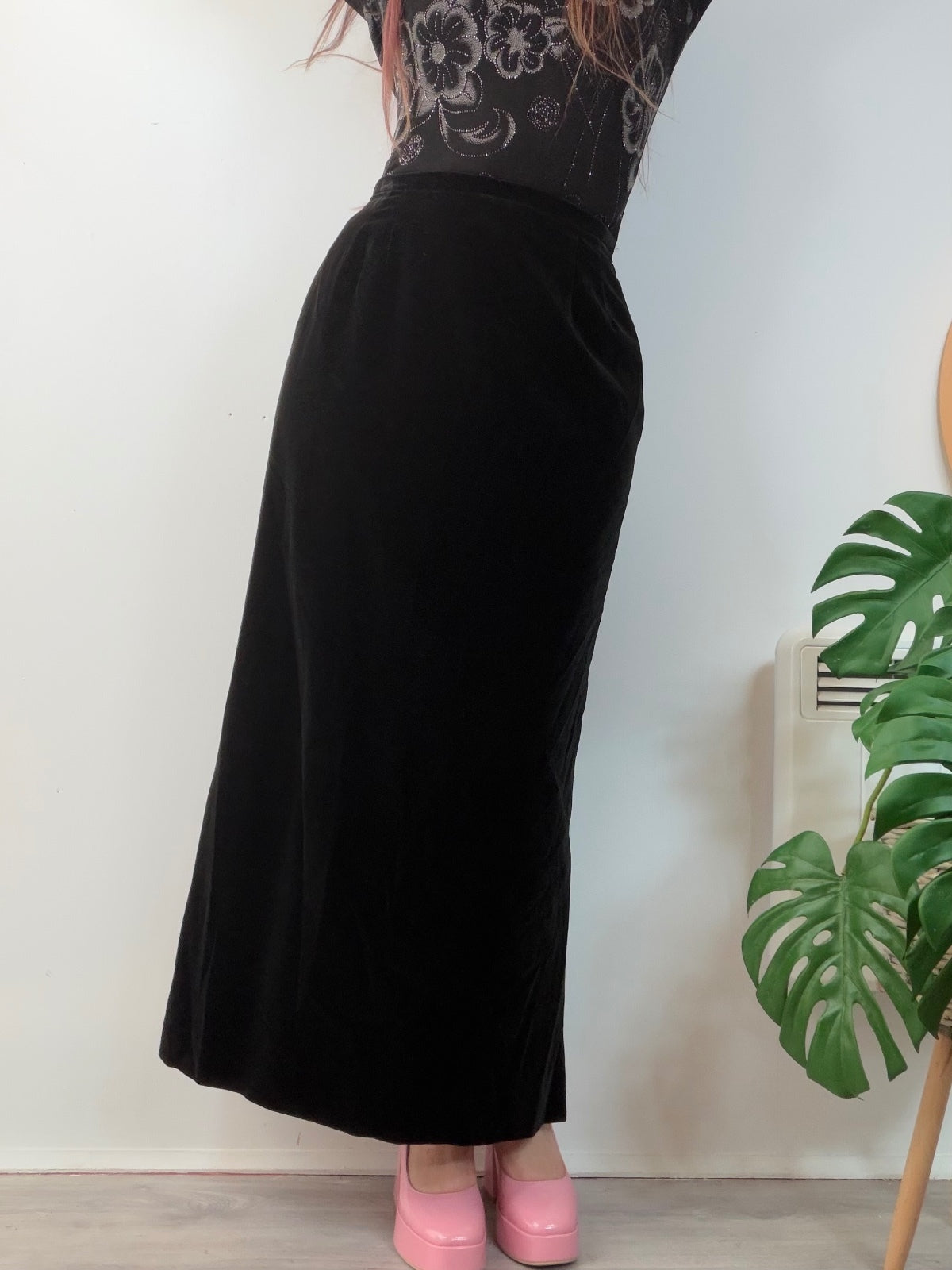 Vintage 1970s Whimsigoth Skirt Long Black Velvet Maxi Skirt Side Slit Size 12