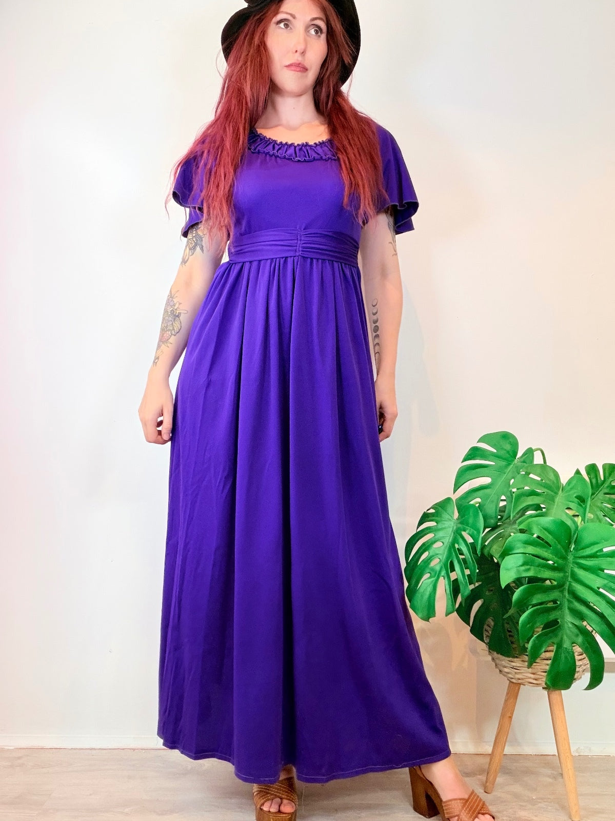 Vintage 1970s Maxi Dress Purple Ruffled Neckline and Flutter Sleeves Size 8