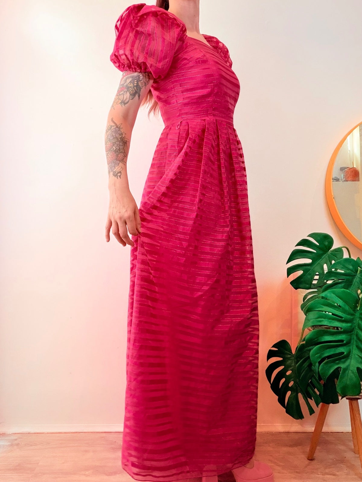 Vintage 1980s Maxi Dress Long Striped Prairie Dress With Puff Sleeves Size 10