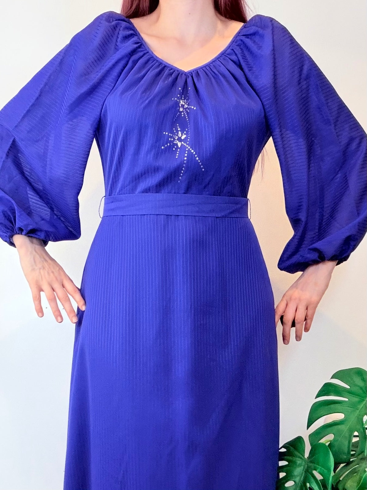 Vintage 1970s Maxi Dress Blue with Balloon Sleeves and Embellishment Size 12