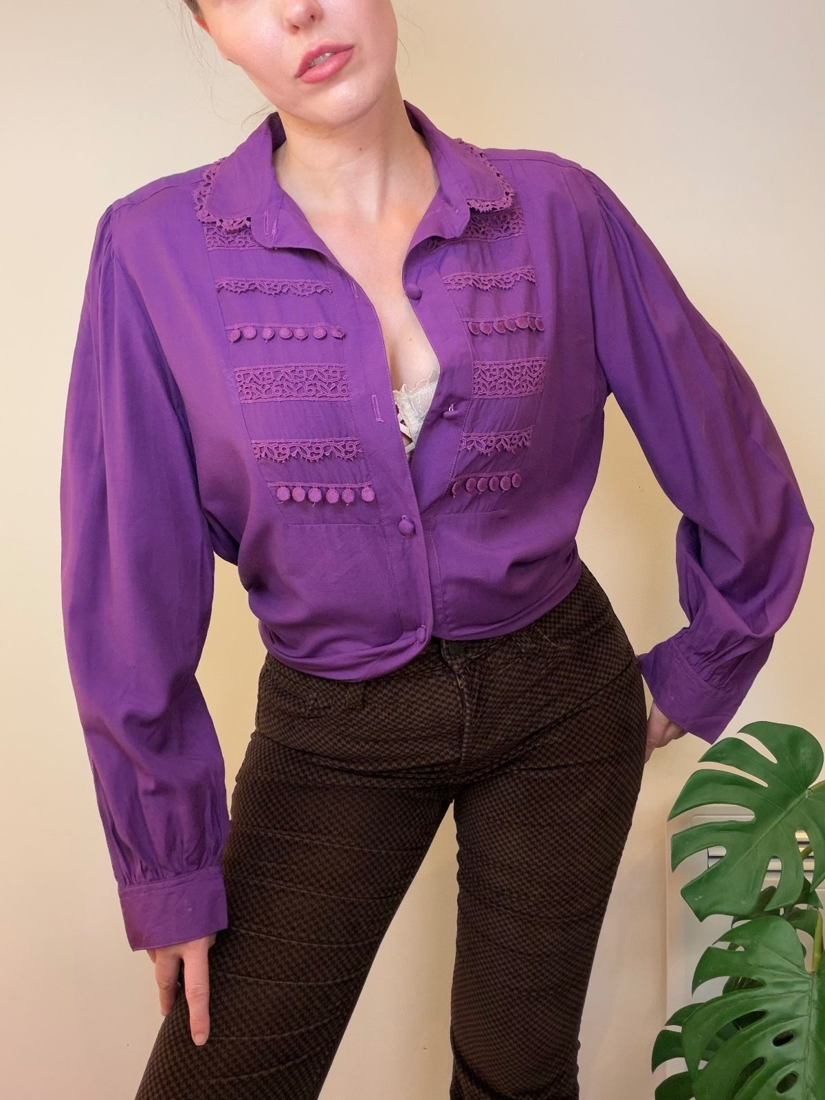 Vintage Long Sleeve oversized Blouse with Lace and Pom Pom Detailing Purple 12
