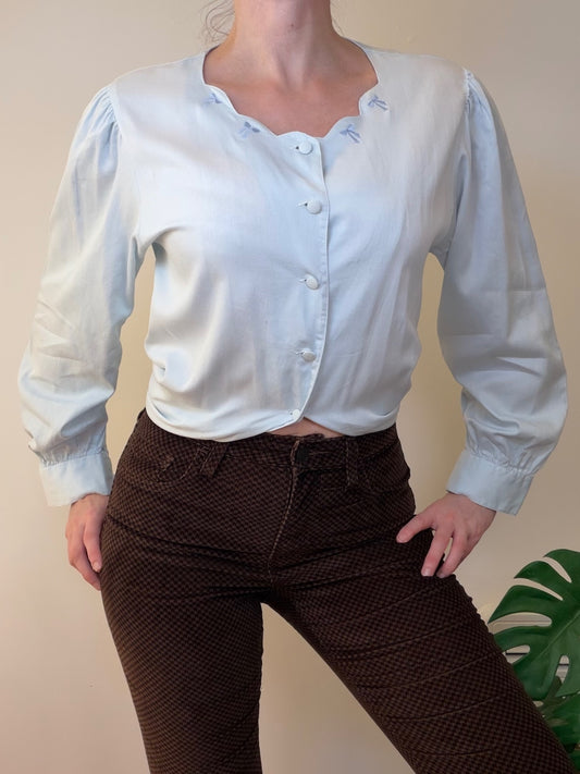 Vintage Cottagecore Top blue Scallop bow Blouse with Long Sleeves Size 14