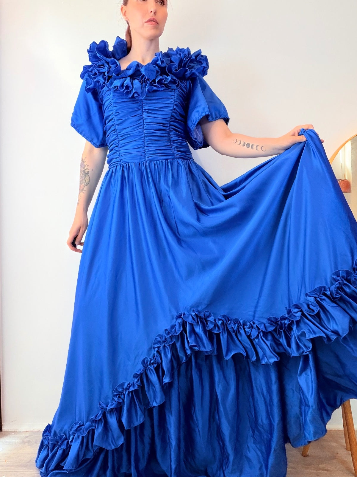 Vintage 1980s Ball Gown Evening Ruffled Maxi Dress with Puff Sleeves Size 12