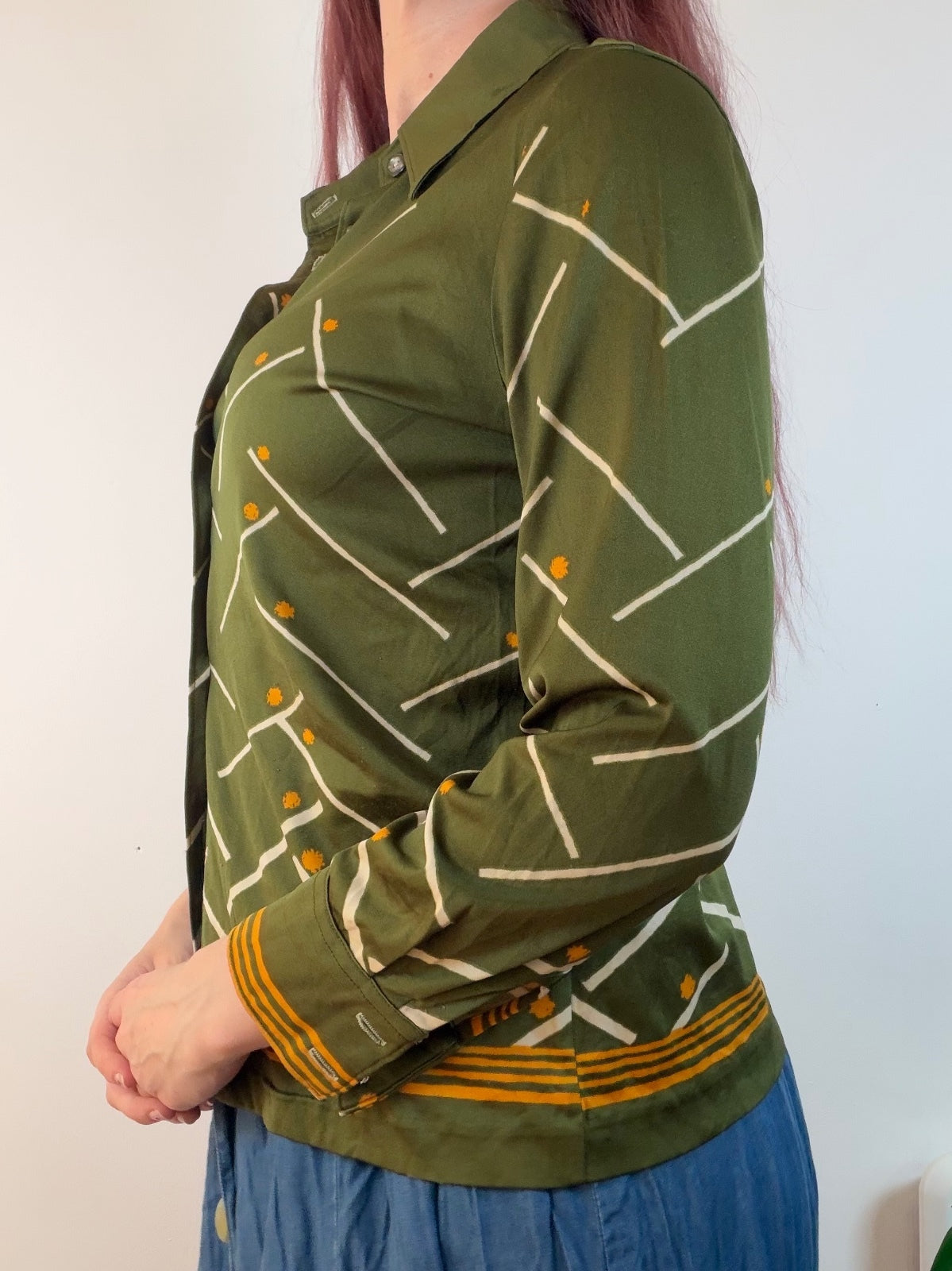 Vintage 1970s Retro Blouse Olive Green Shirt with Geometric Pattern Size 12 14