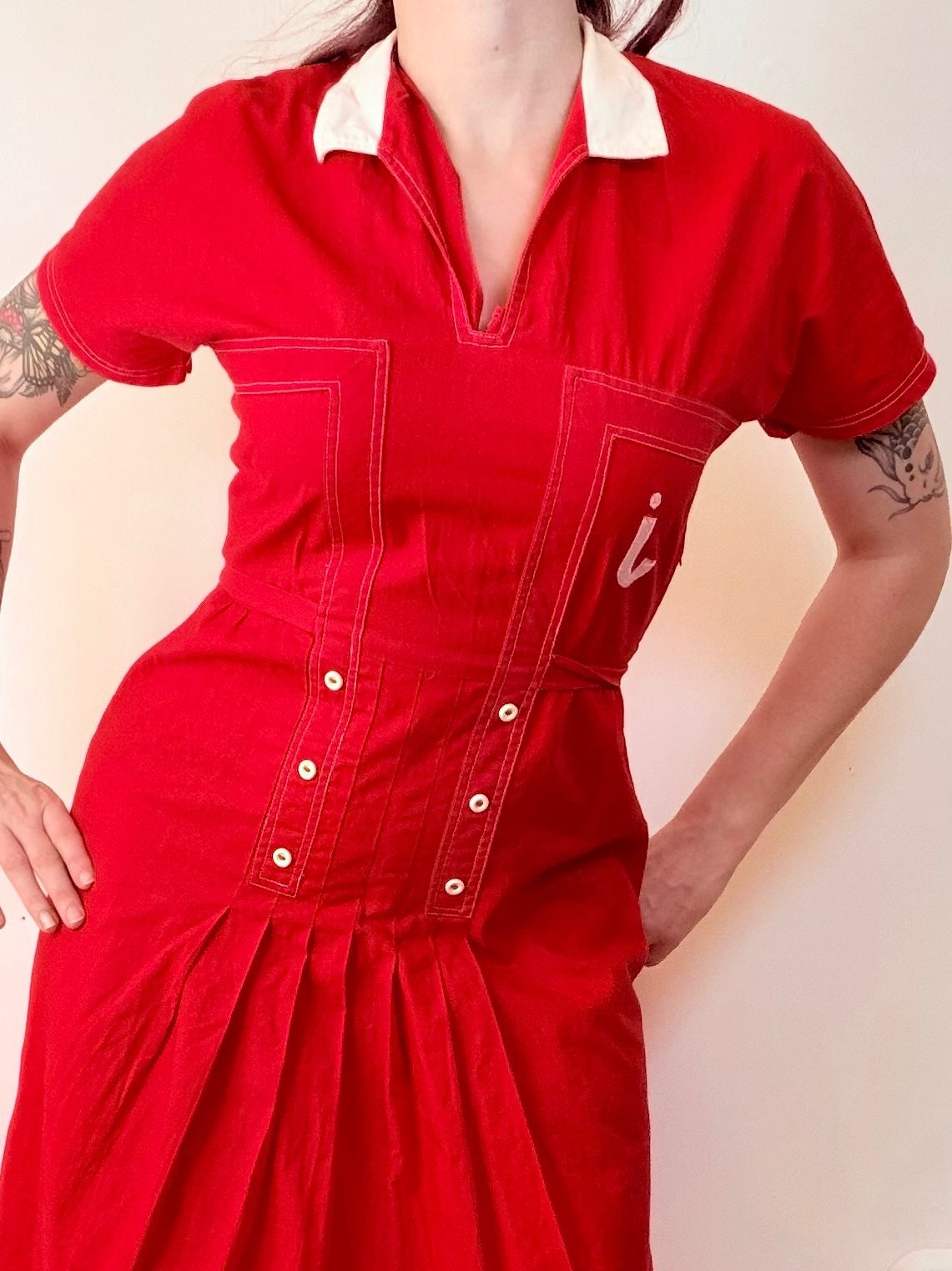 Vintage 1990s Shirt Dress Red Cotton Midi with Pleated Skirt and Collar Size 12