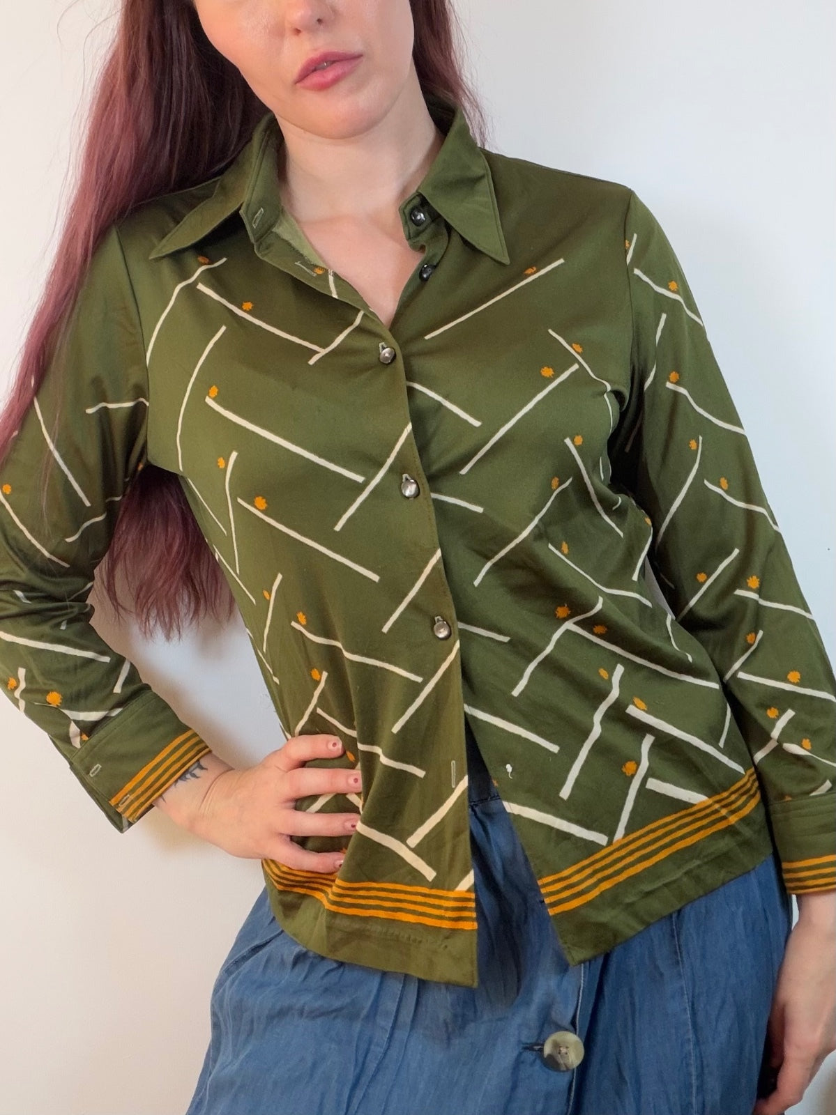 Vintage 1970s Retro Blouse Olive Green Shirt with Geometric Pattern Size 12 14