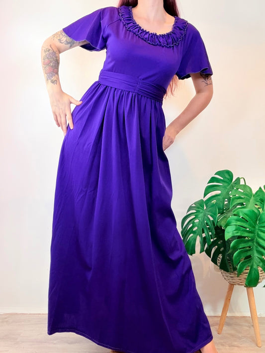 Vintage 1970s Maxi Dress Purple Ruffled Neckline and Flutter Sleeves Size 8