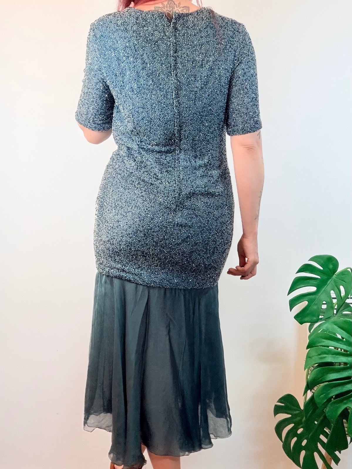 Vintage 1980s Cocktail Dress Beaded Embroidered and Sheer Flared Hem Size 14