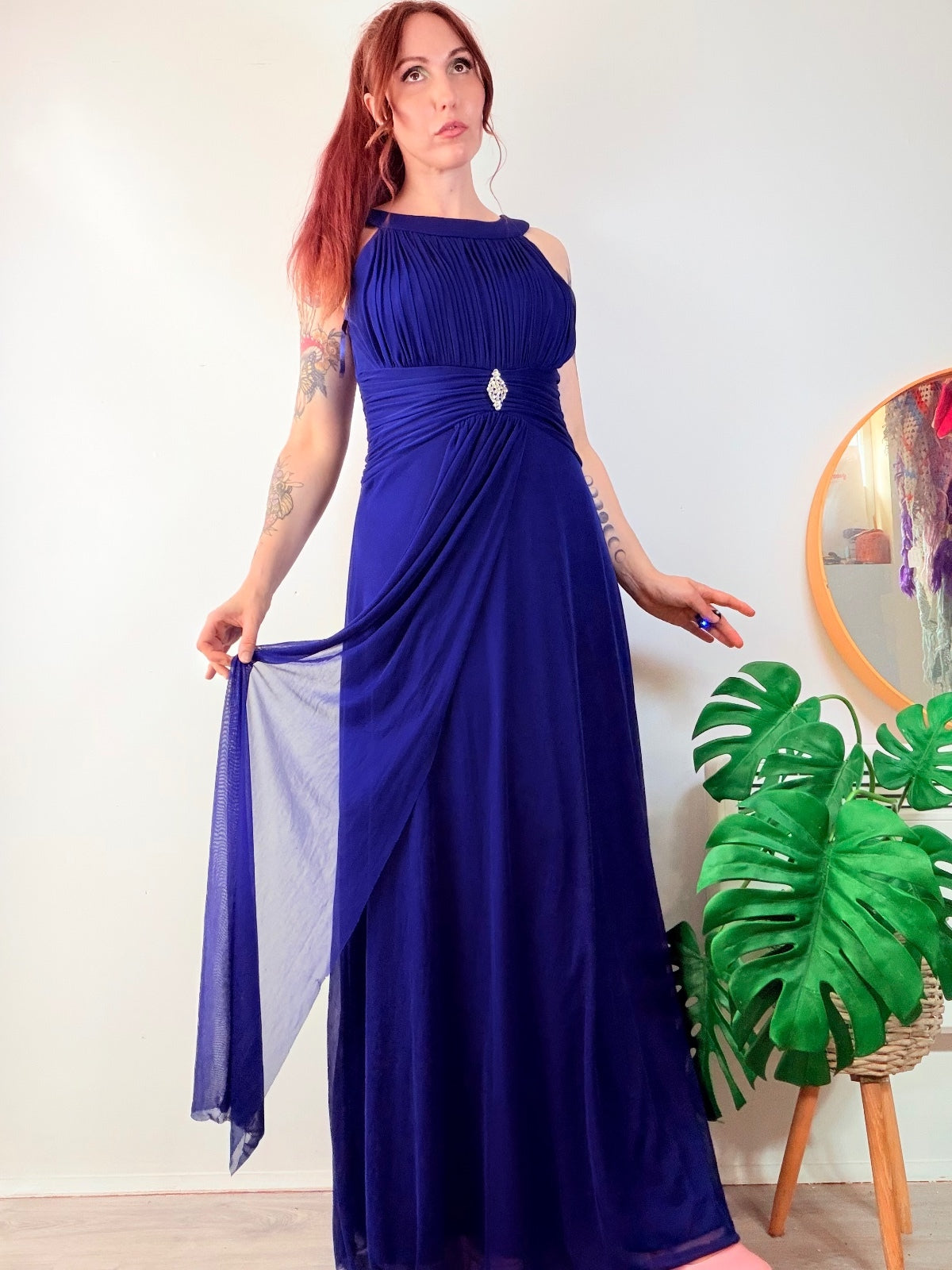 Vintage Y2K Blue Evening Gown with Pleated Bodice and Rhinestone Detail Size 12