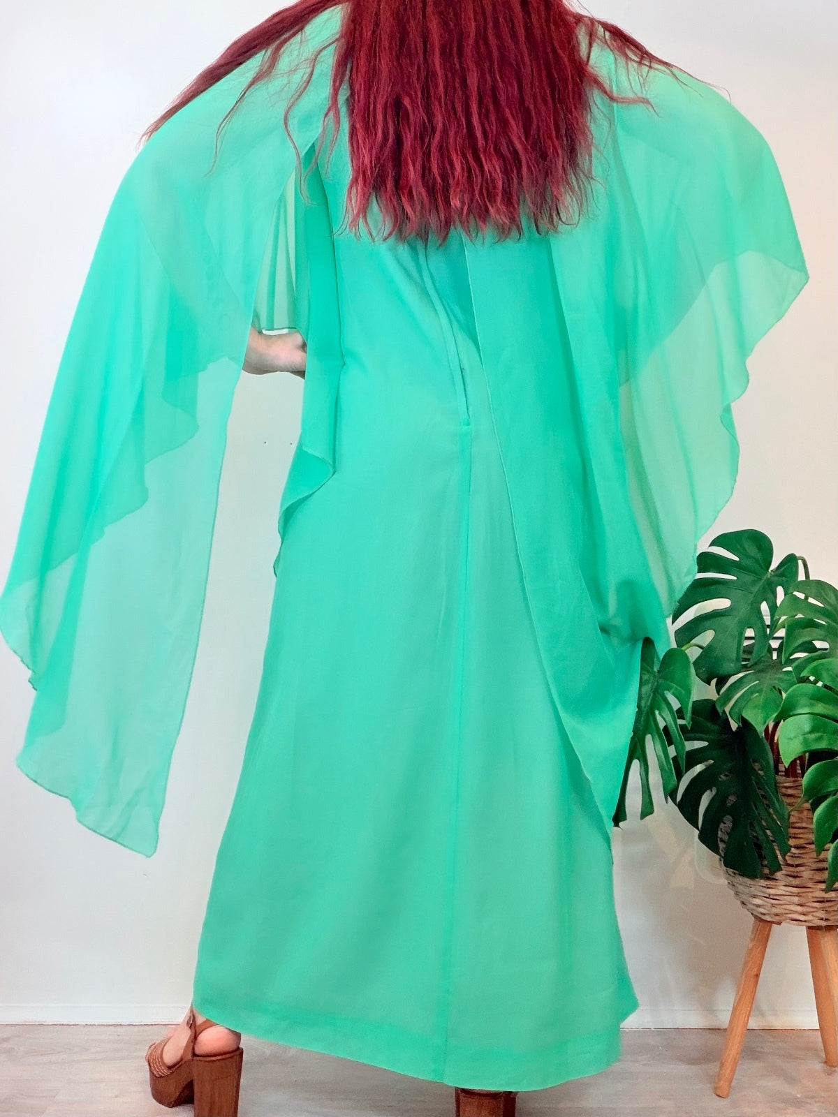 Vintage 1970s Maxi Dress Flowing Green Kaftan Dress with Sheer Overlay Size 14