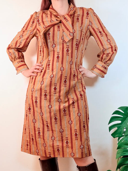 Vintage 1970s Shirt Dress with Bow Tie Neck and Long Sleeves Size 14