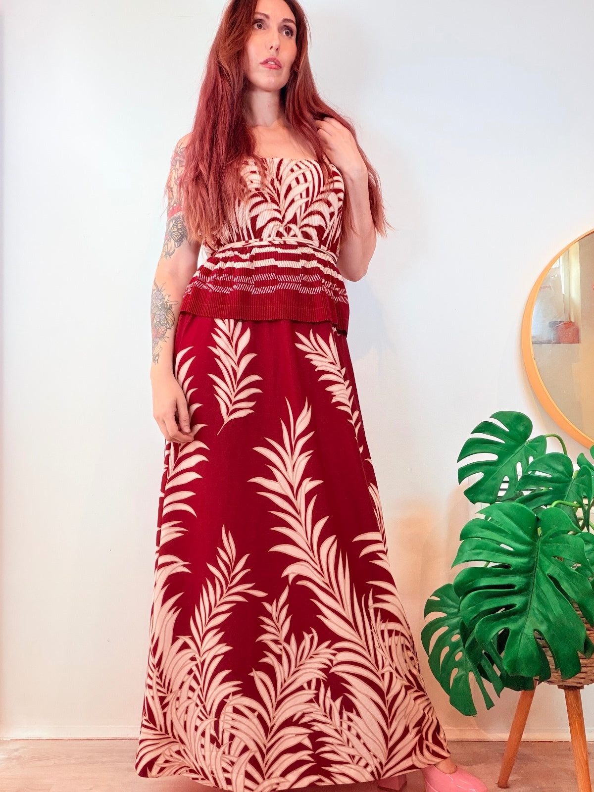 Vintage Maxi Dress Burgundy Cream Leaf Print Long Dress Peplum Waist Size 14