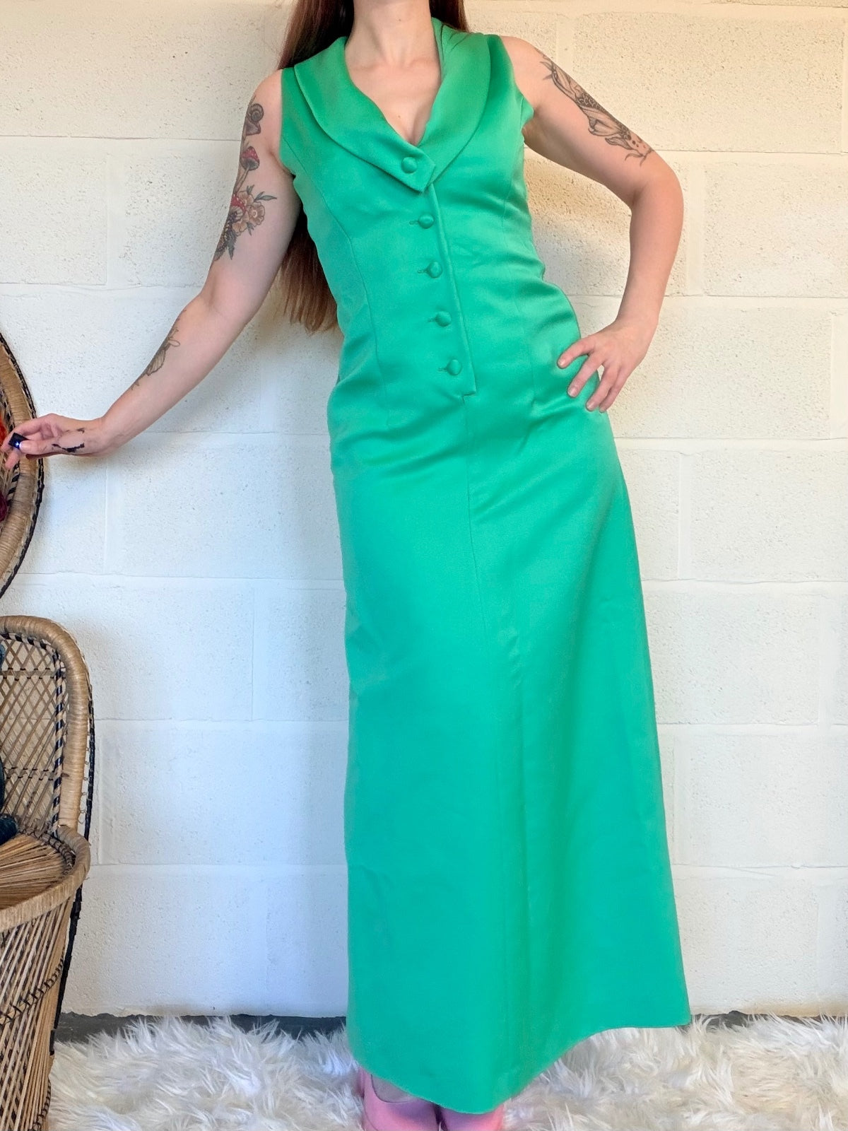 Vintage 1970s Maxi Dress Green Sleeveless with Button Detail Size 12