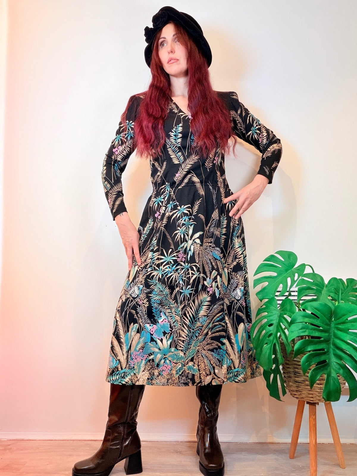 Vintage 1970s Shirt Dress Black Midi Dress with Tropical Botanical Print Size 16