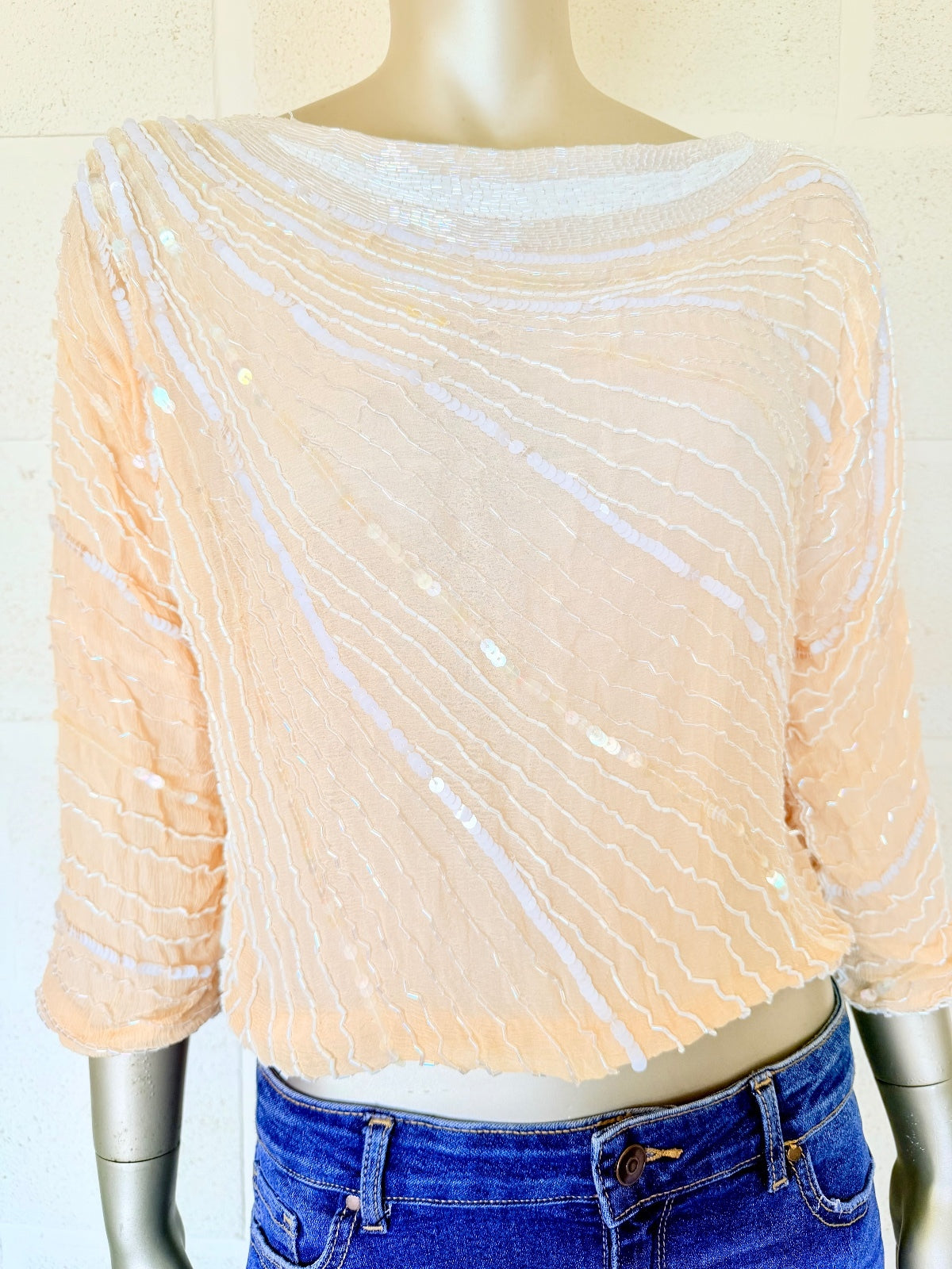 Vintage 1980s Beaded Top 100% Silk Beige Sequin Embellished 3/4 Sleeve Top 10 12