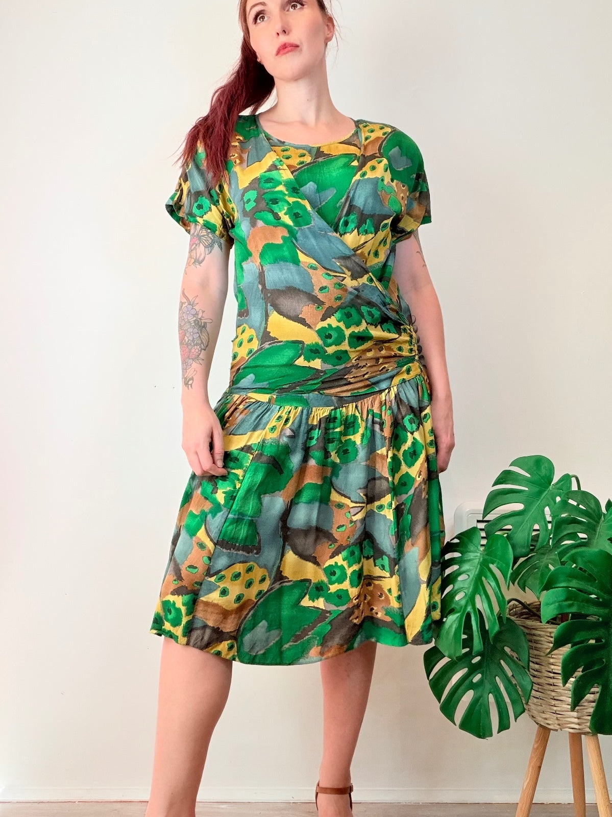 Vintage1980s Wrap Dress Green and Yellow Abstract Print Drop Waist Size 12