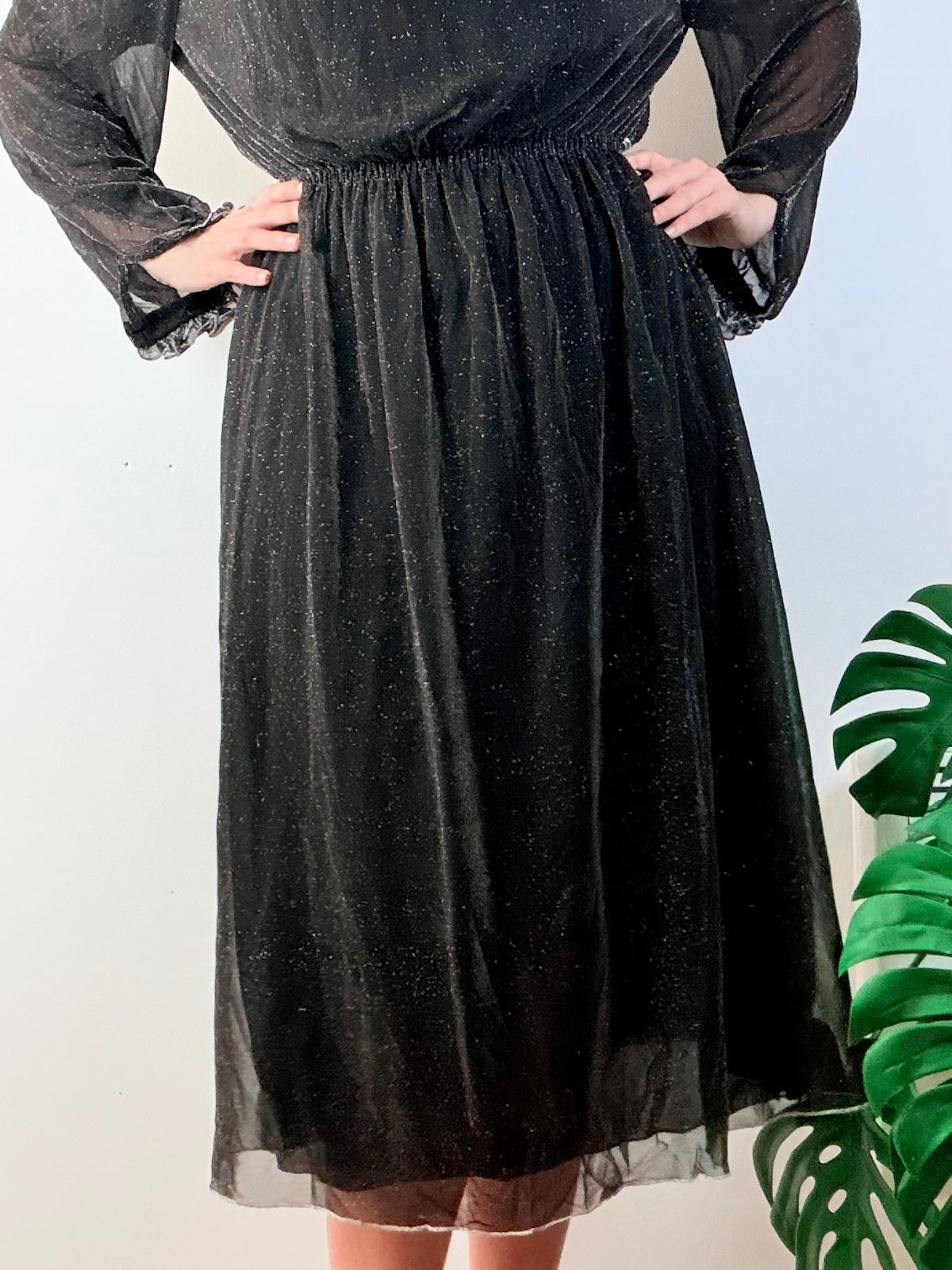 Vintage 1980s Party Dress Black Sheer Ruffle Midi Dress with Sparkle Size 12