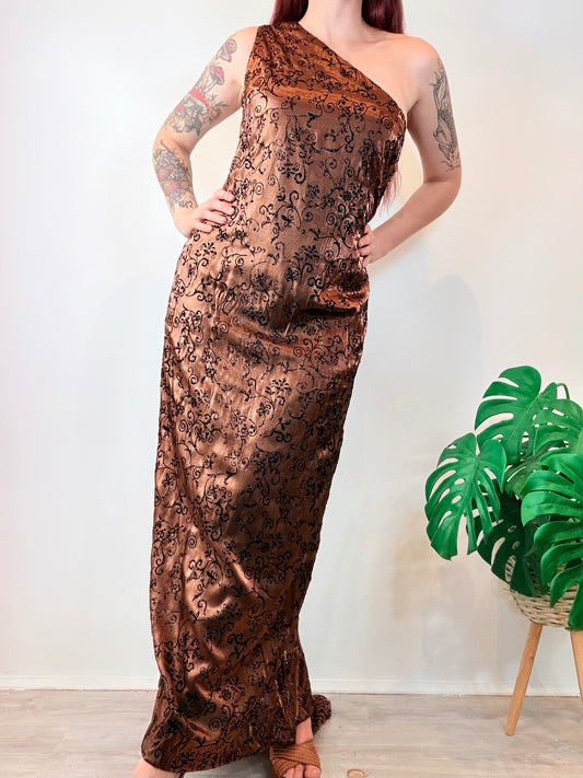 Vintage 1990s Whimsigoth Dress Long Maxi Dress with Elegant Black Swirls Size 14