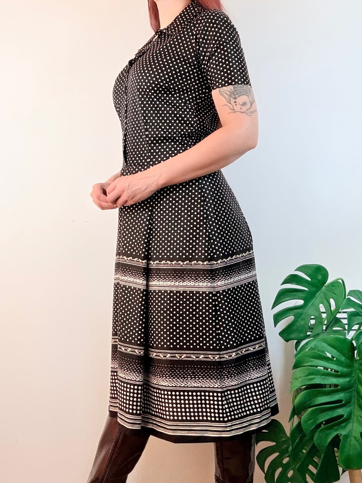 Vintage 1970s Shirt Dress Black and White Polka Dot Midi with Collar Size 14