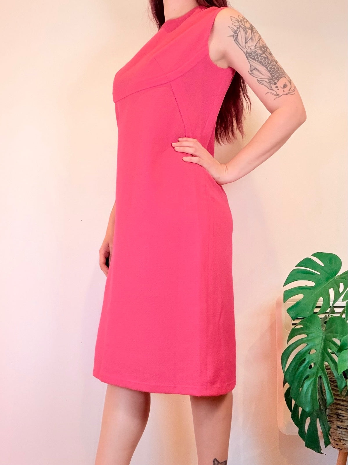 Vintage 1960s Shift Dress Sleeveless Pink Midi Dress with High Neck Size 14