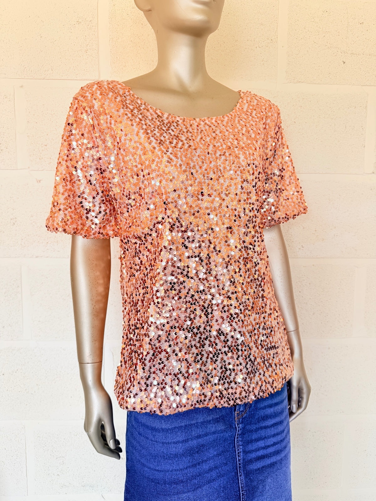 Gold Sequin Top Embellished Short Sleeve Party Festival T shirt Size 14 to 16