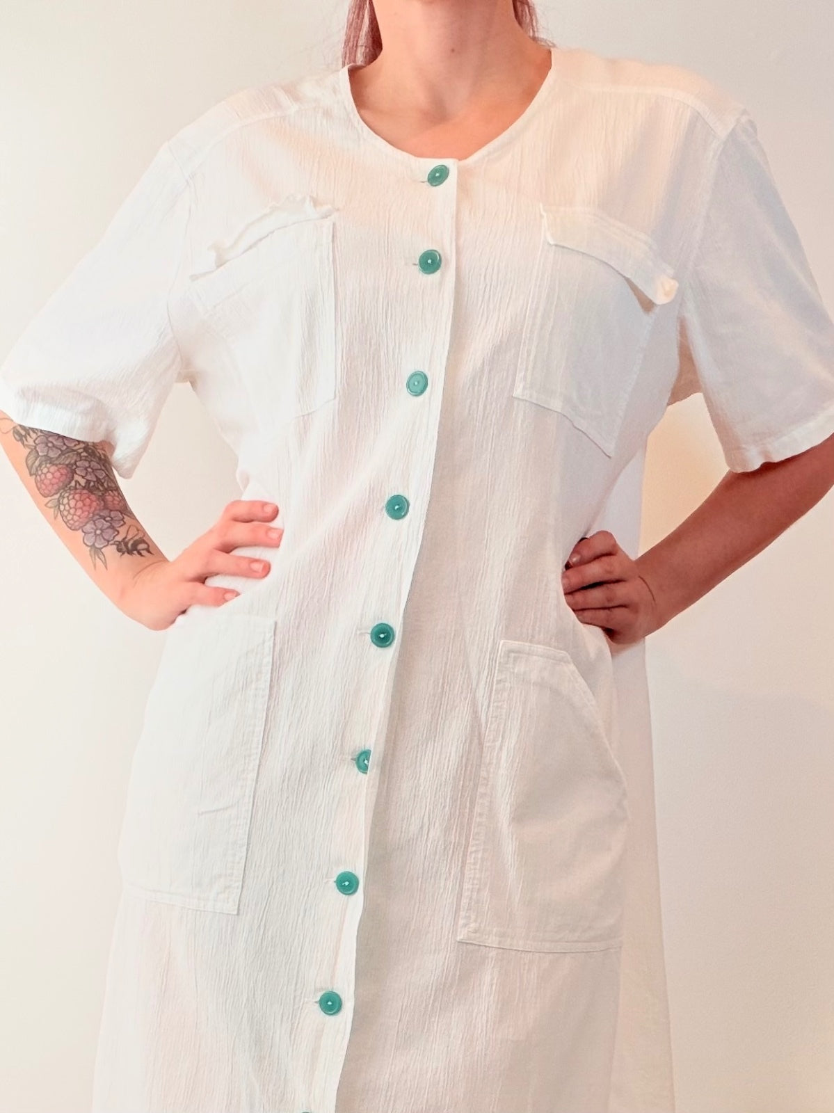 Vintage 1980s shirt Dress White Button Front Midi With Pockets Size 16