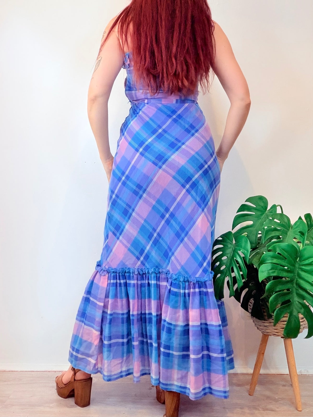 Vintage 1960s Prairie Dress Blue Pink Plaid Maxi Dress with Ruffles size 8 10
