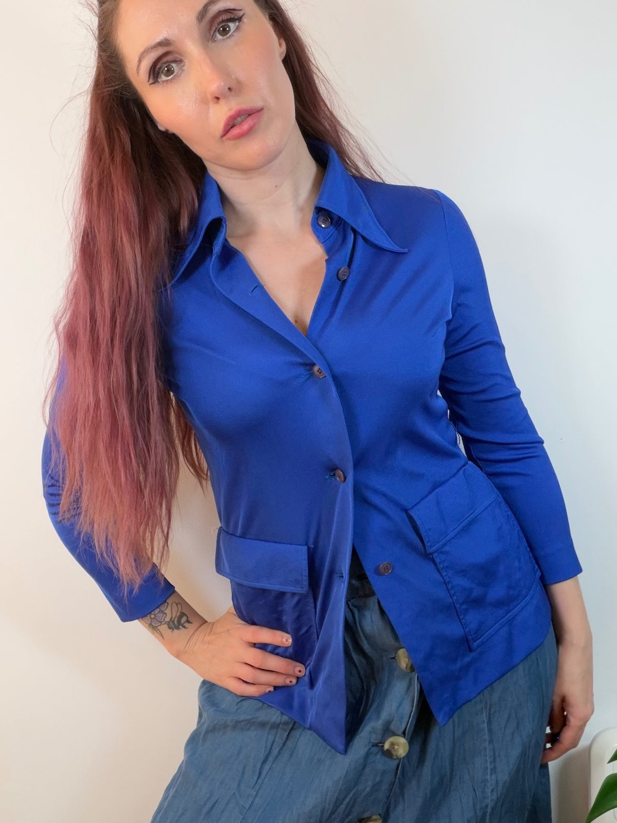 Vintage 1970s Shirt Blue Retro Blouse Blazer with Pockets Size 10