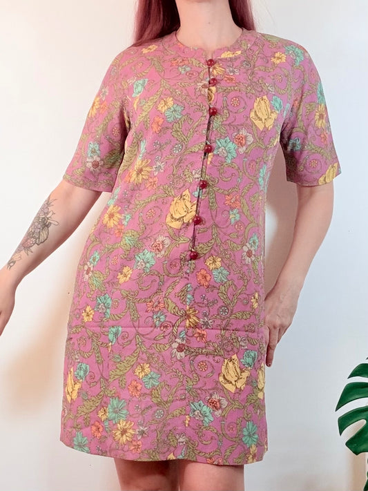 Vintage 1960s Sheath Dress Pink Floral Button Dress with Short Sleeves Size 14