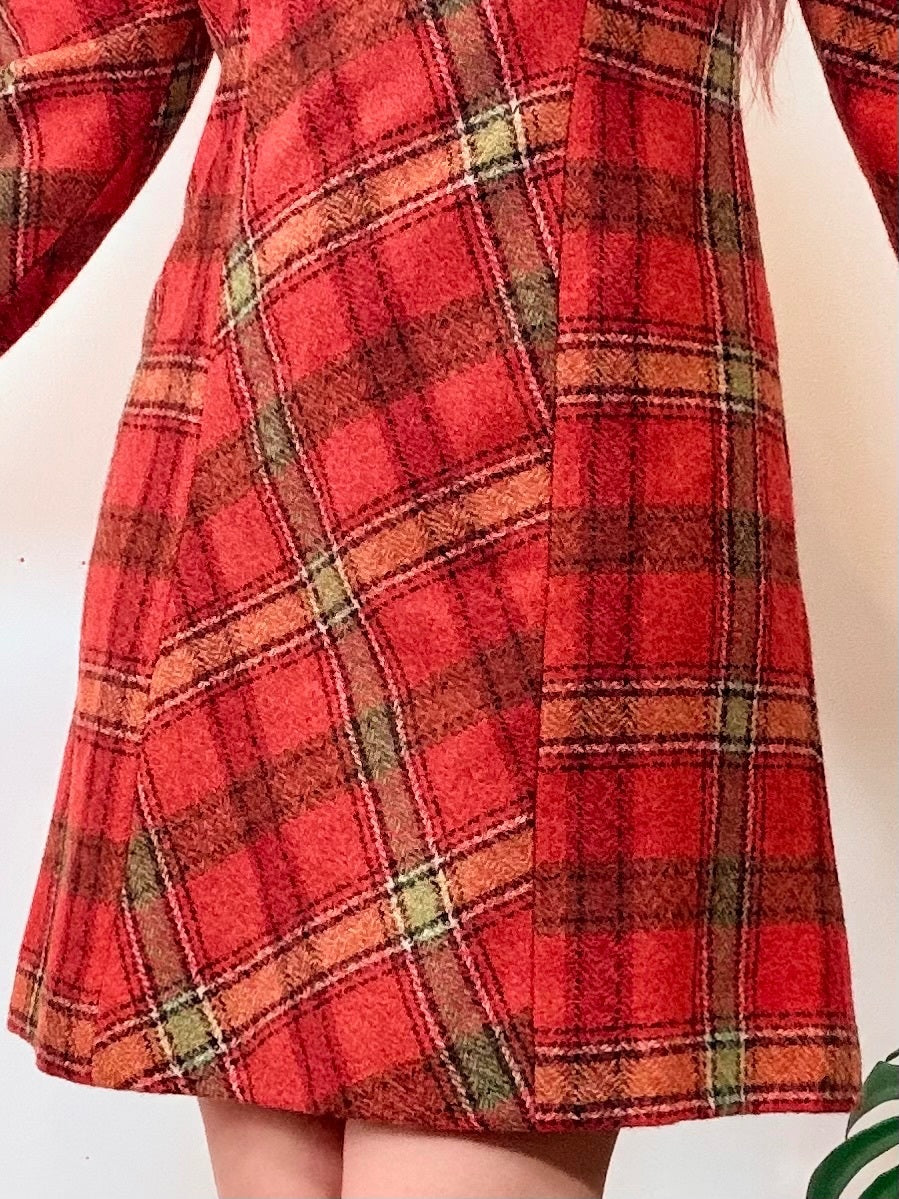 Vintage1970s Tartan Dress Red Plaid Wool With tie Cuff Sleeves Size 12 to 14