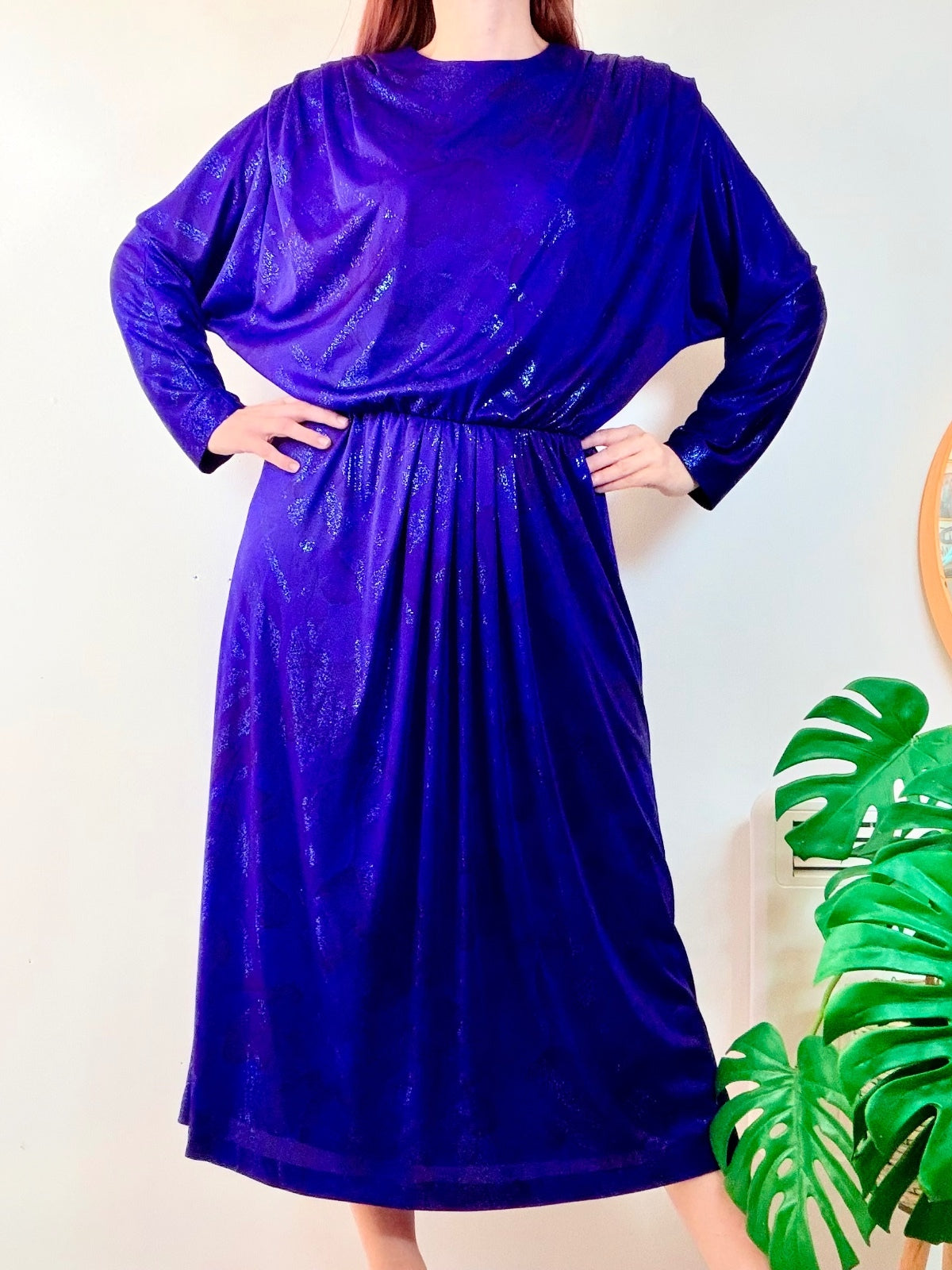 Vintage 1980s Party Dress Sparkly Purple Midi Dress with Batwing Sleeves Size 16