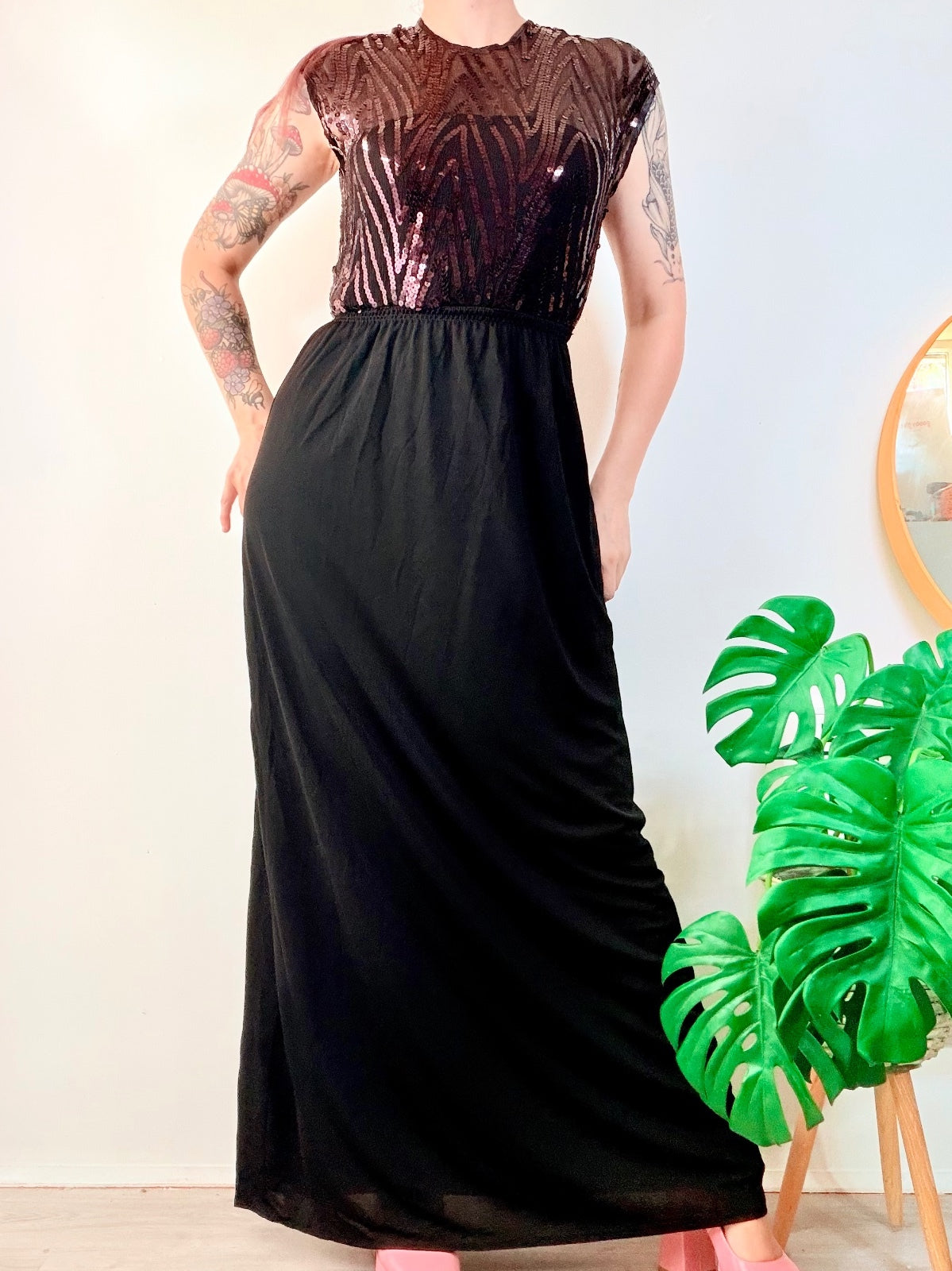 vintage 1970s Maxi Dress with Sequin Top Black disco Party Dress size 10 to 12